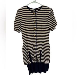 Vintage JULIAN TAYLOR Women’s Navy and Beige Striped A-Line Dress Button Size 12